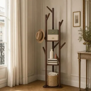 Porte-manteau sur pied en bois foncé autoportant