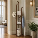 Porte-manteau sur pied en bois foncé autoportant