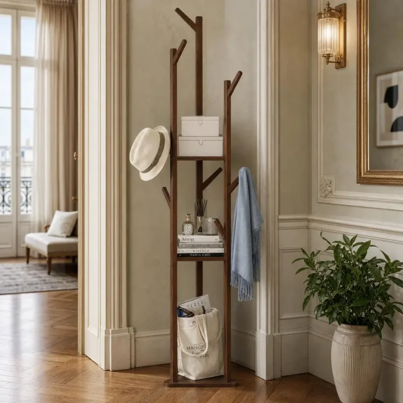 Porte-manteau sur pied en bois foncé autoportant