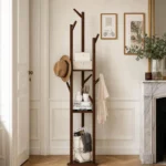 Porte-manteau sur pied en bois foncé autoportant