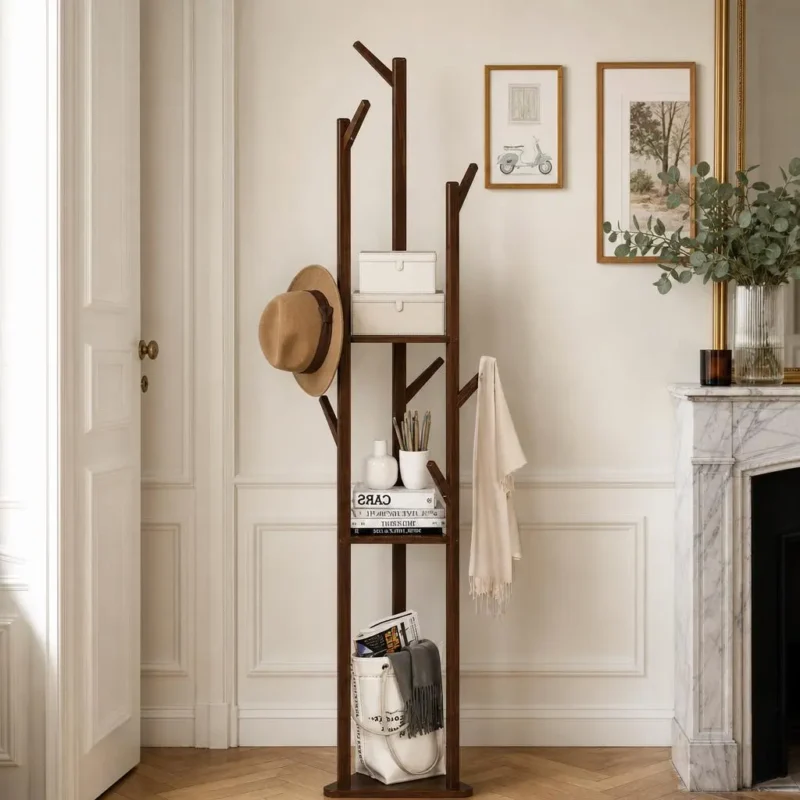 Porte-manteau sur pied en bois foncé autoportant