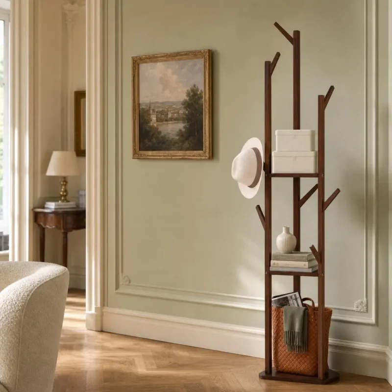 Porte-manteau sur pied en bois foncé autoportant