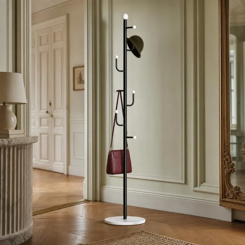 Porte-manteau sur pied branche champignon noir et blanc en métal