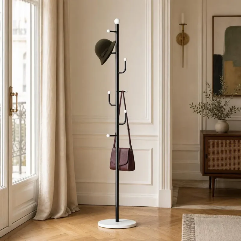 Porte-manteau sur pied branche champignon noir et blanc en métal