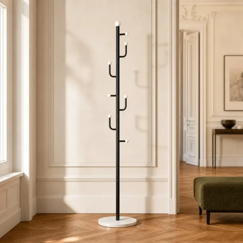 Porte-manteau sur pied branche champignon noir et blanc en métal