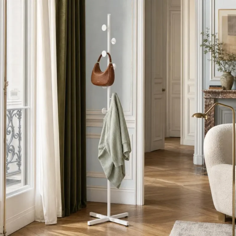 Porte-manteau sur pied champignon base croisée blanc en métal