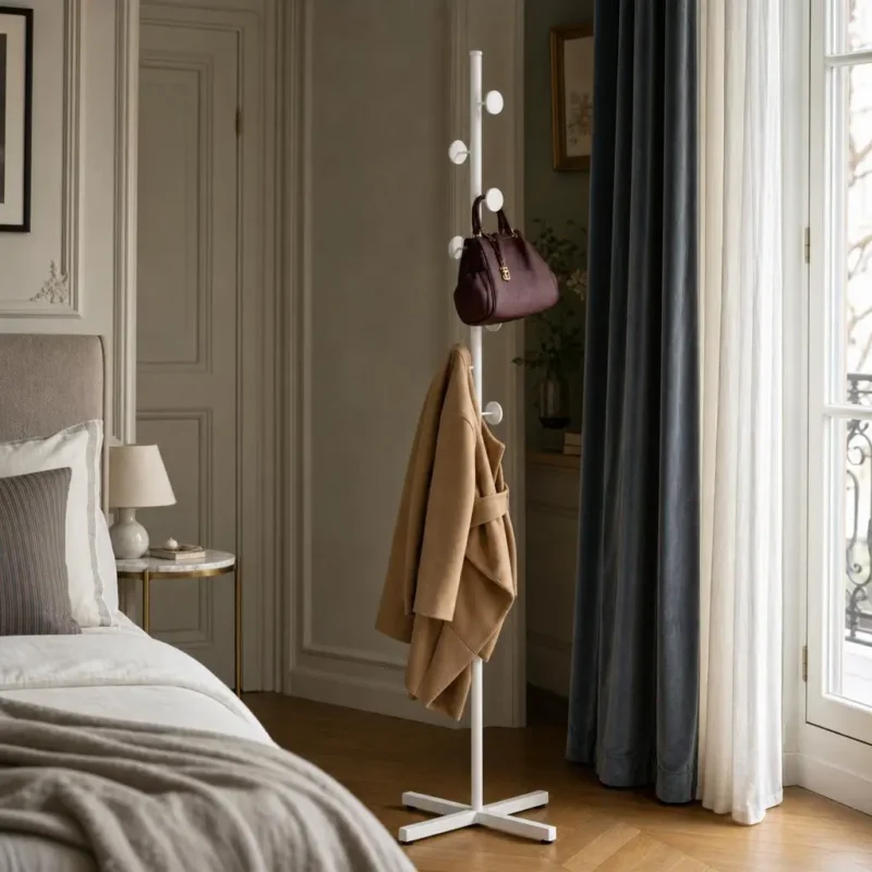 Porte-manteau sur pied champignon base croisée blanc en métal