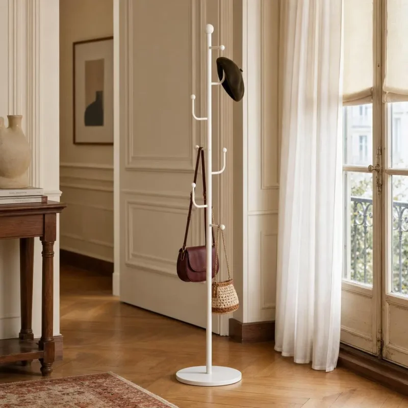 Porte-manteau sur pied champignon blanc en métal design épuré