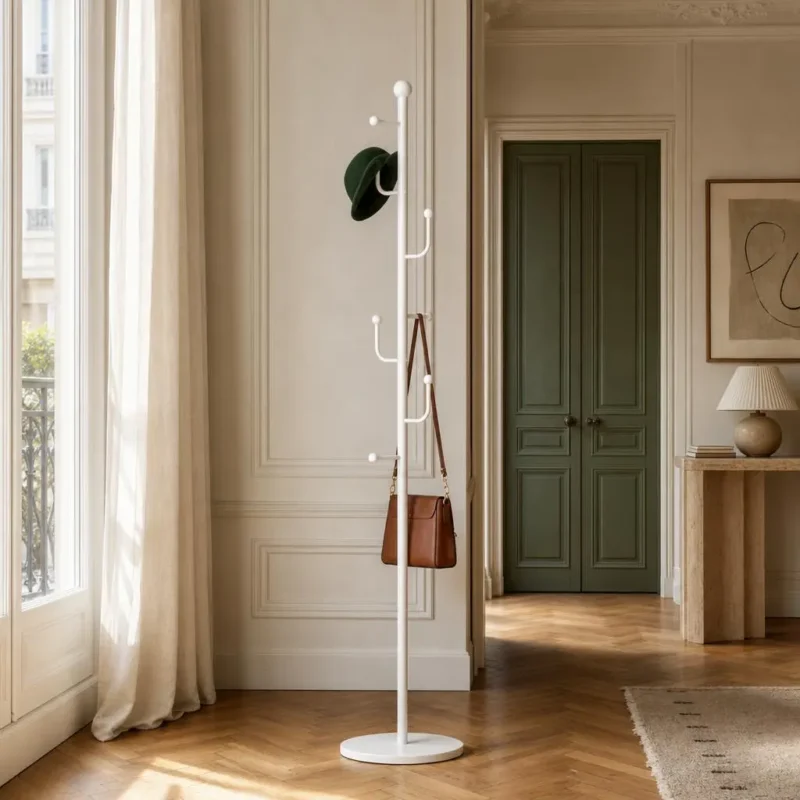 Porte-manteau sur pied champignon blanc en métal design épuré
