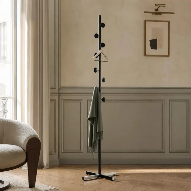 Porte-manteau sur pied champignon noir avec base croisée