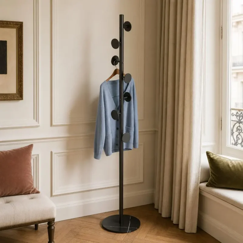 Porte-manteau sur pied champignon noir métal avec socle marbre