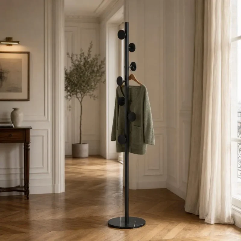Porte-manteau sur pied champignon noir métal avec socle marbre