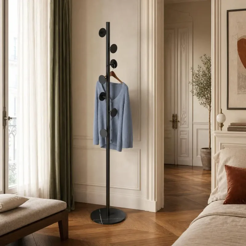 Porte-manteau sur pied champignon noir métal avec socle marbre