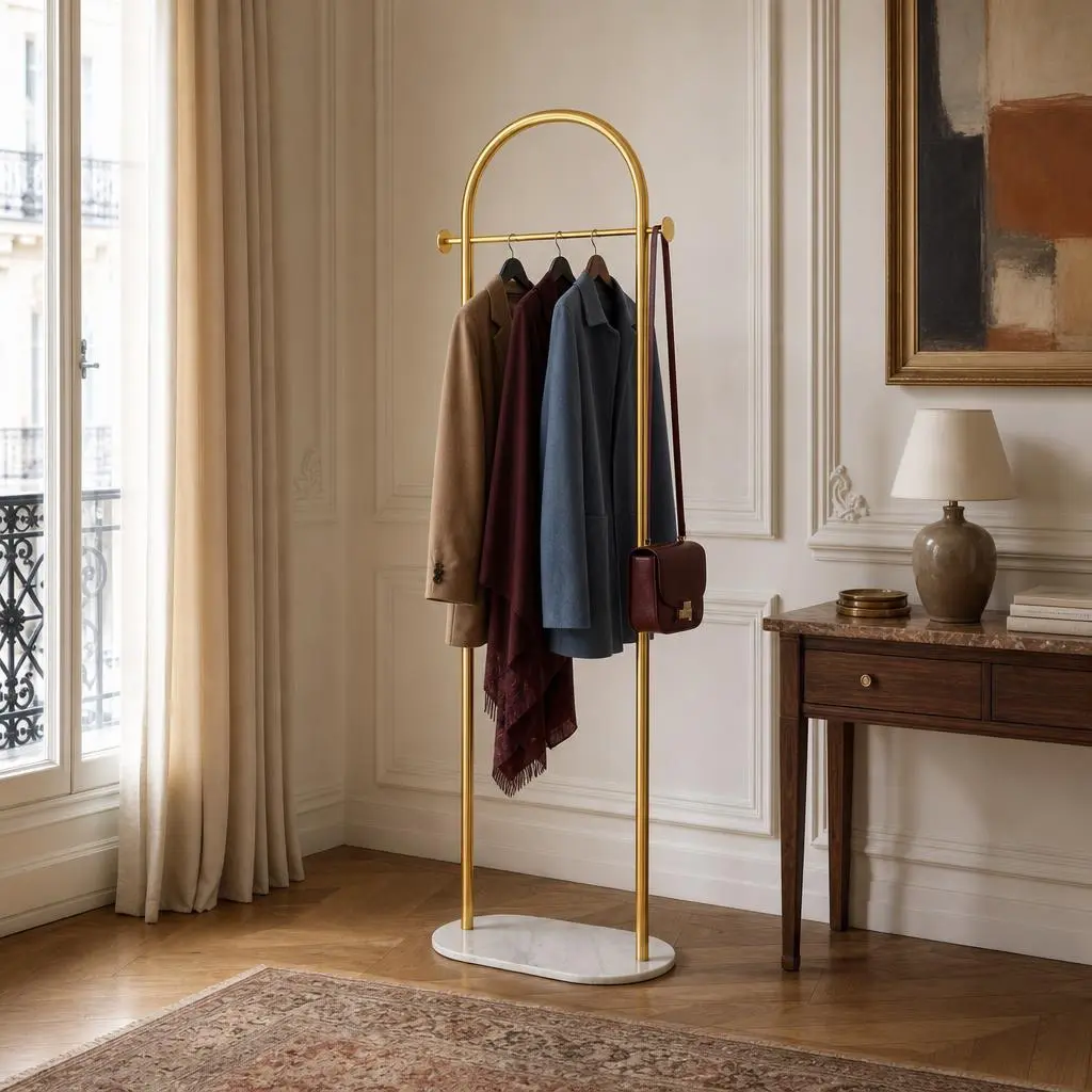 Porte-manteau sur pied courbé en métal finition dorée