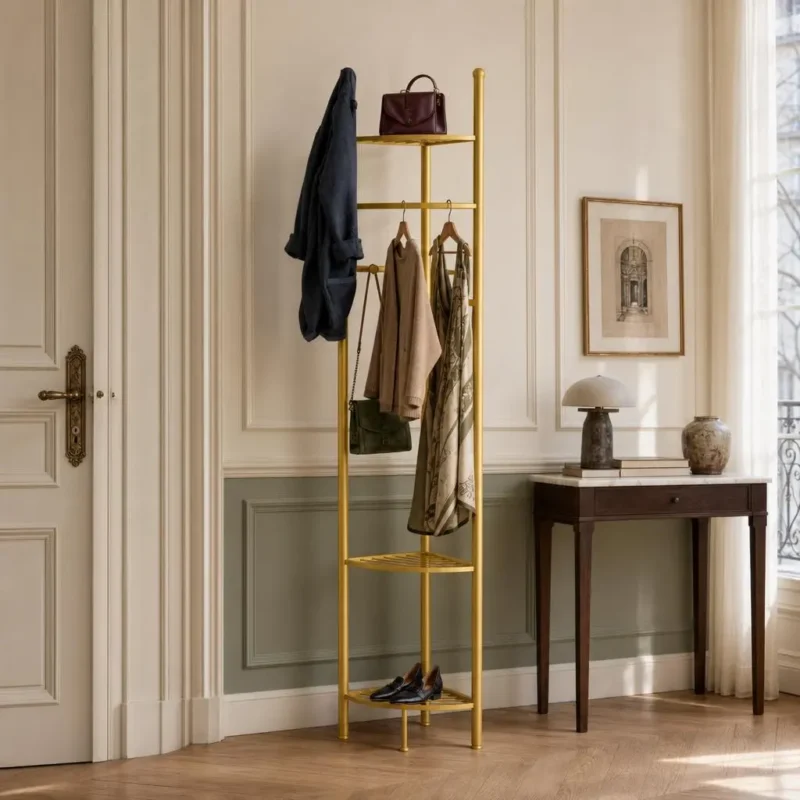 Porte-manteau sur pied d'angle avec meuble à chaussures doré