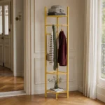 Porte-manteau sur pied d'angle avec meuble à chaussures doré