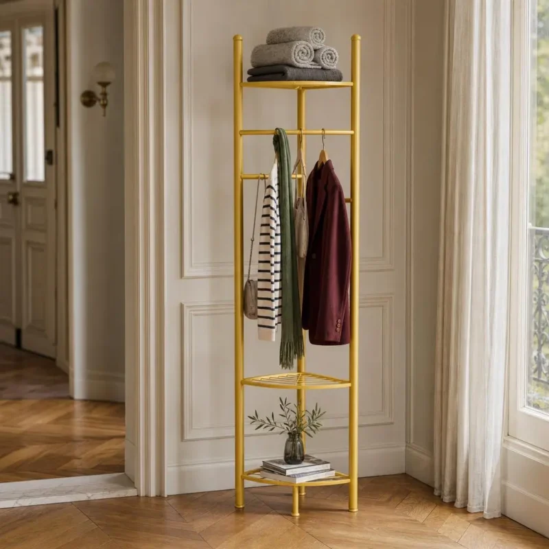 Porte-manteau sur pied d'angle avec meuble à chaussures doré