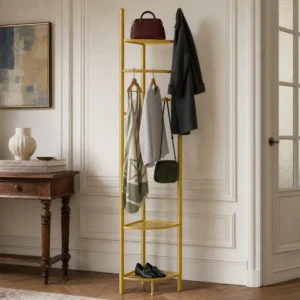 Porte-manteau sur pied d'angle avec meuble à chaussures doré