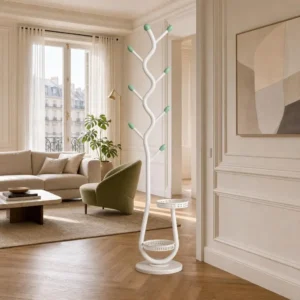 Porte-manteau sur pied métal blanc 8 crochets branches