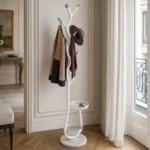Porte-manteau sur pied métal blanc 8 crochets branches