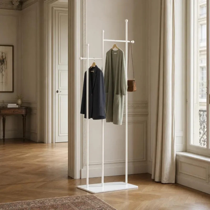 Porte-manteau sur pied métal blanc et doré