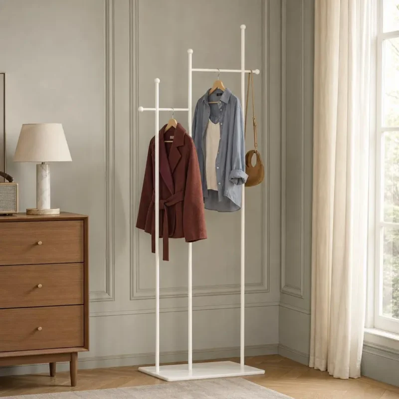 Porte-manteau sur pied métal blanc et doré