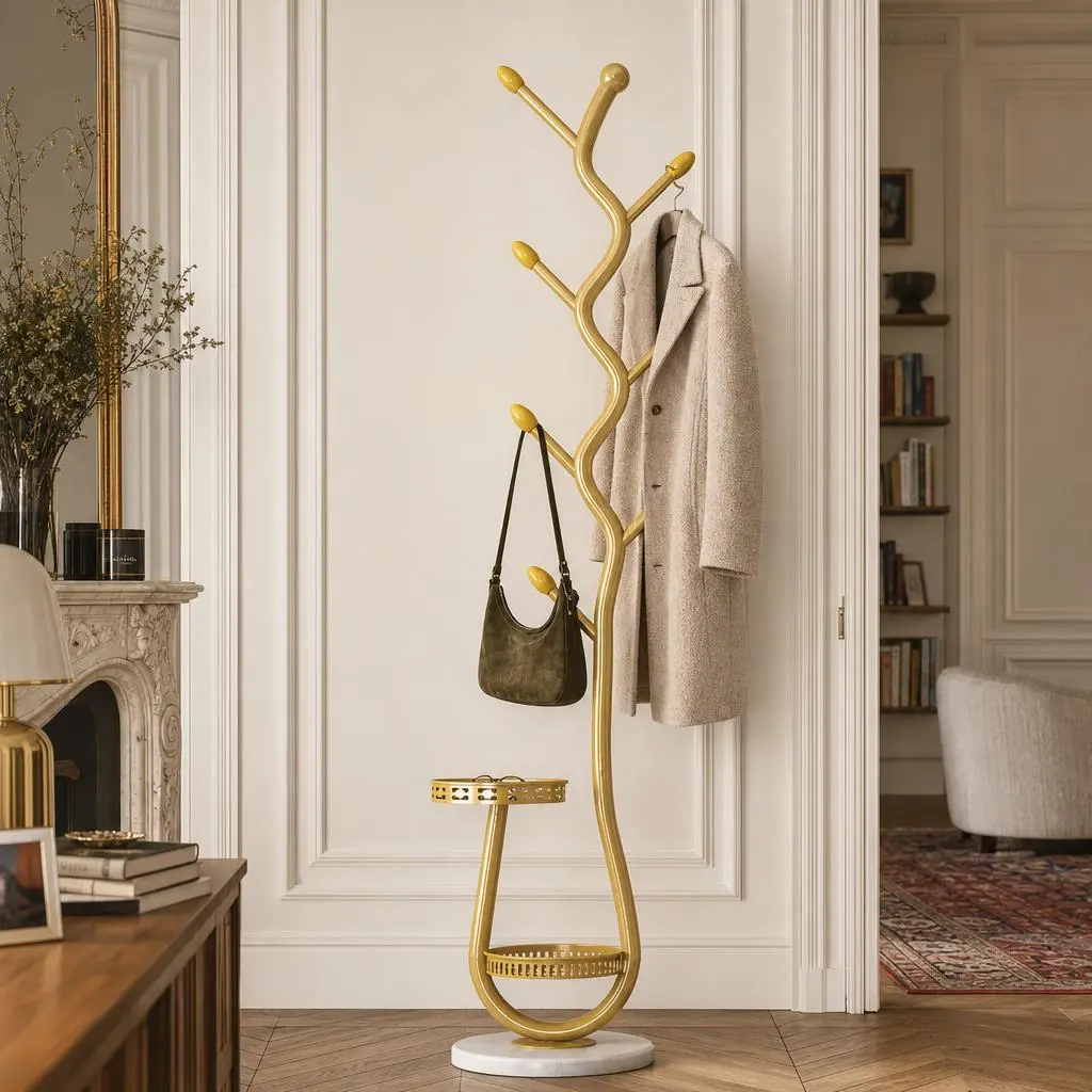 Porte-manteau sur pied métal doré 8 crochets branches