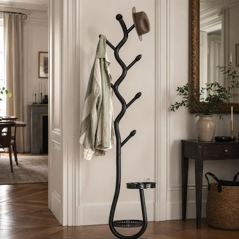 Porte-manteau sur pied métal noir 8 crochets branches
