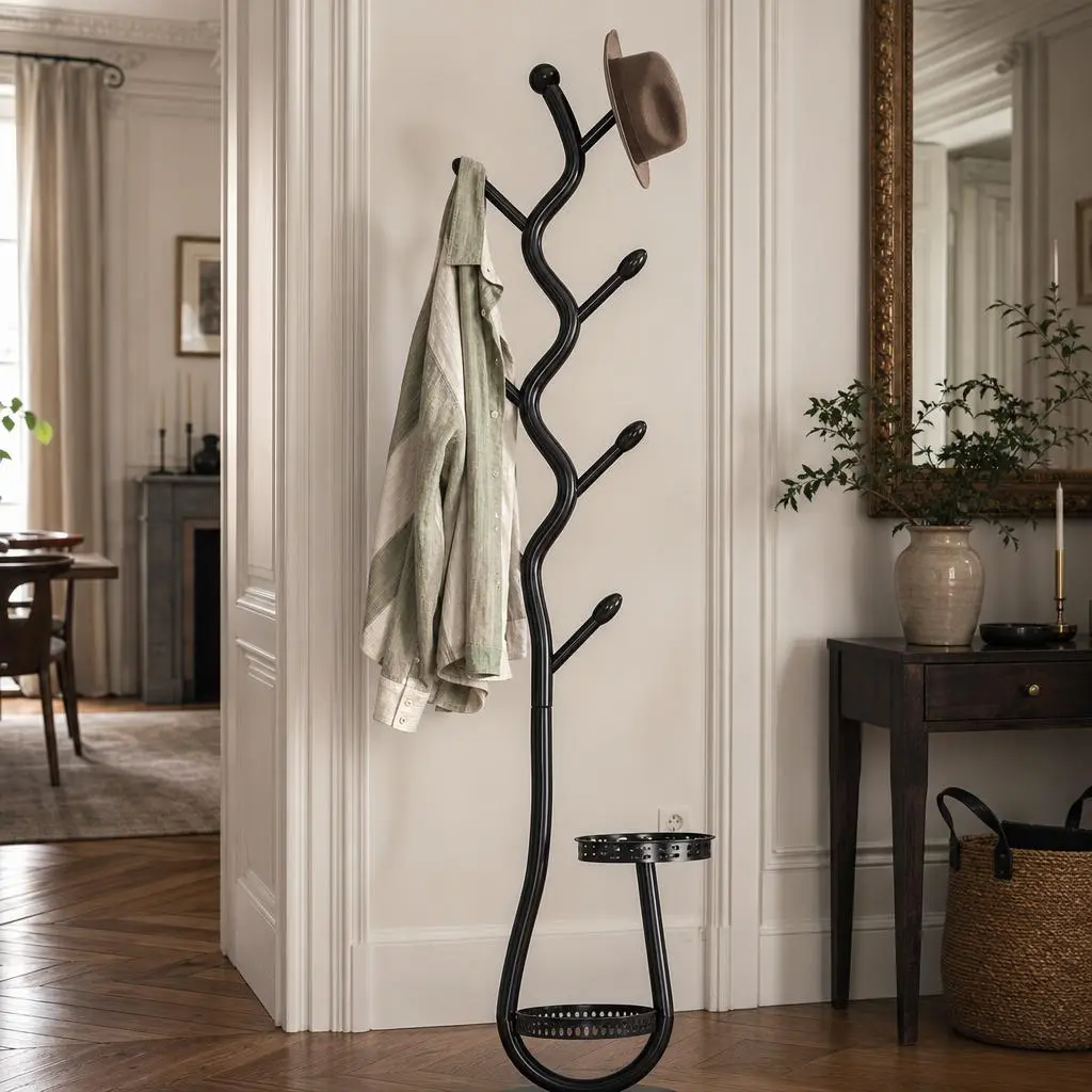 Porte-manteau sur pied métal noir 8 crochets branches