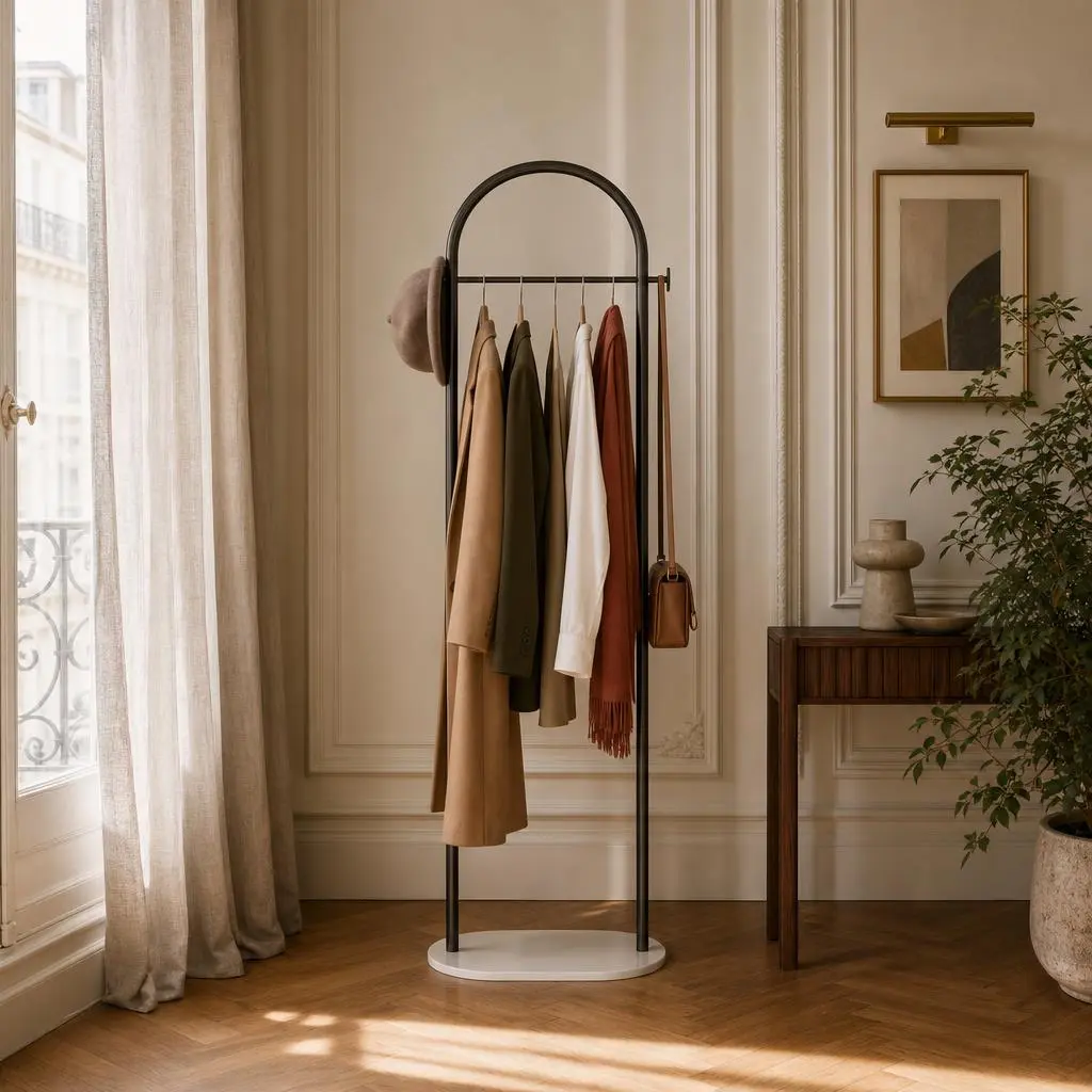 Porte-manteau sur pied en métal noir courbé