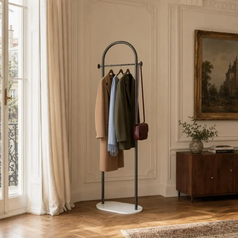 Porte-manteau sur pied en métal noir courbé