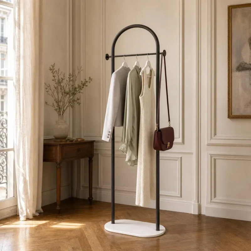 Porte-manteau sur pied en métal noir courbé