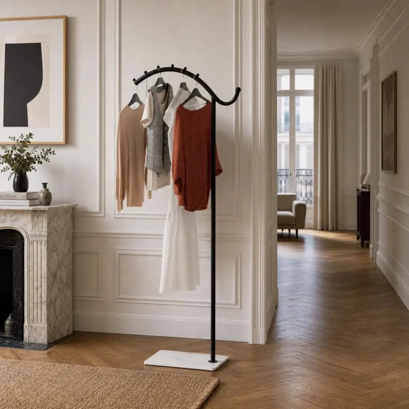 Porte-manteau sur pied métal noir et pied blanc