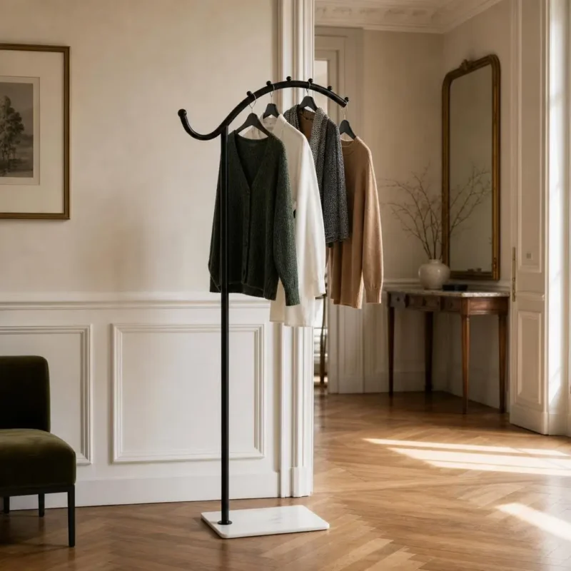 Porte-manteau sur pied métal noir et pied blanc
