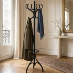 Porte-manteau sur pied perroquet noir en métal et bois