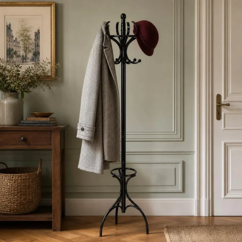 Porte-manteau sur pied perroquet noir en métal et bois