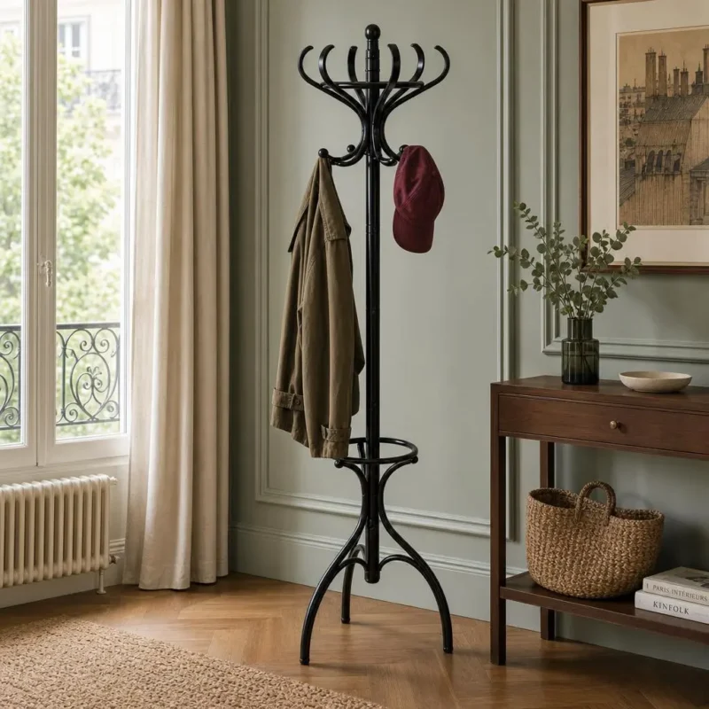 Porte-manteau sur pied perroquet noir en métal et bois
