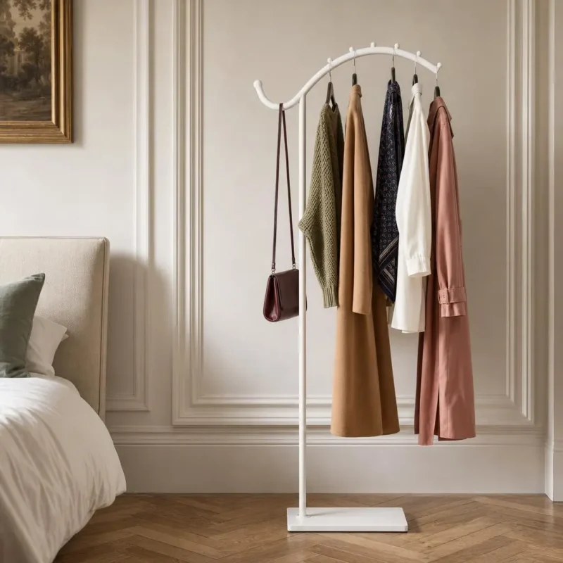 Porte-manteau sur pied voûté blanc métal autoportant